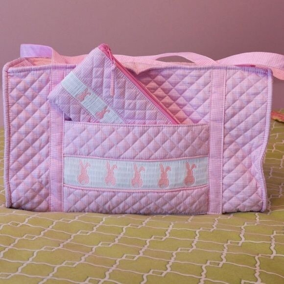 MSC Smocked Pink Bunny Duffle Bag suitcase quilted gingham Easter weekender baby - Picture 3 of 6